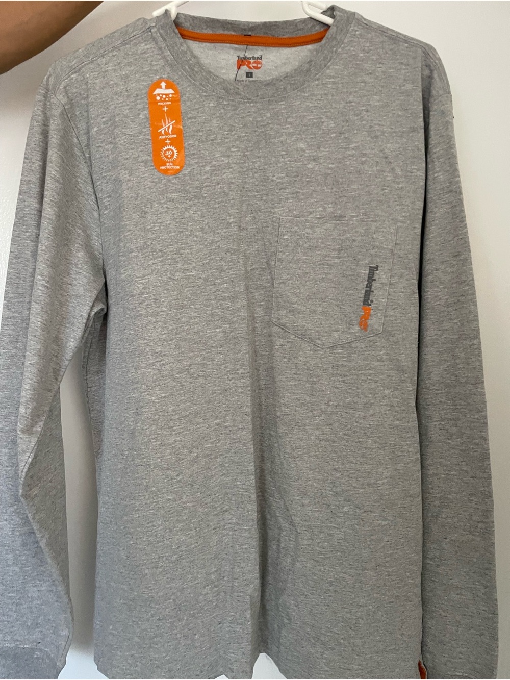 Timberland PRO Light Heather Gray Long Sleeve Pocket Tee with Orange Accents